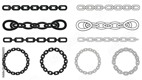 Various styles of metal chains in black and gray vector illustrations