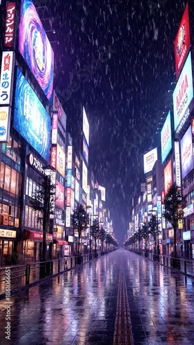 Nighttime cityscape with bright billboards reflecting in wet pavement. Snow falls softly