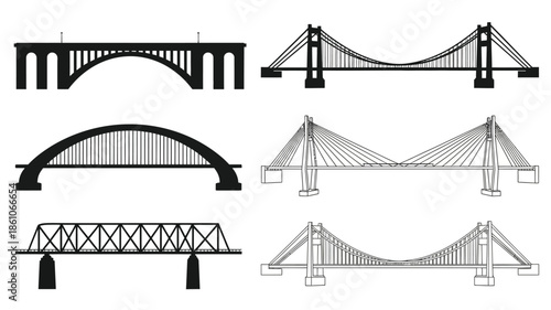 Various bridge designs and structures illustrated in a simple black and white style