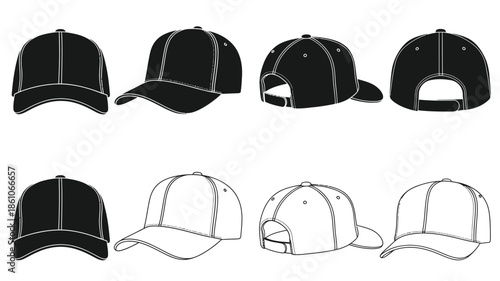 Black and white baseball cap designs in various perspectives and styles