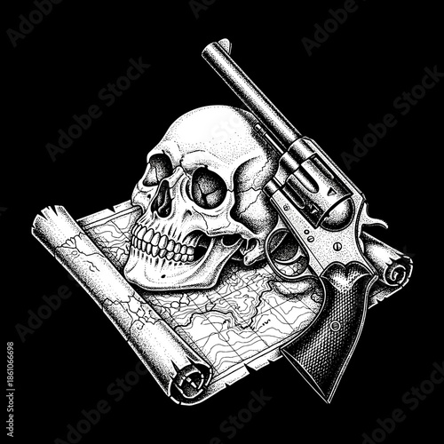 Skull and Revolver on Old Map Illustration.