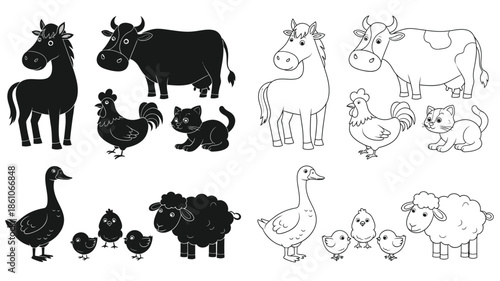 Farm animal illustrations cows chickens sheep ducks and cats in black and white