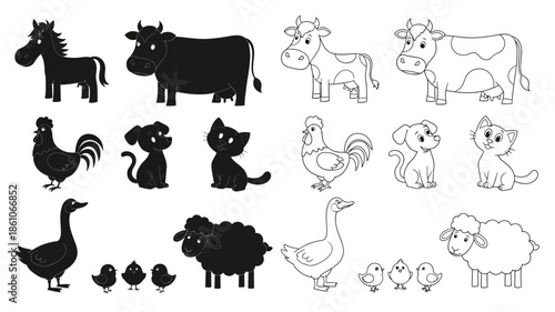 Farm animal silhouettes and line drawings cows horses chickens and more