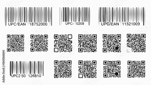 Collection of Barcodes and QR Codes on White Background.