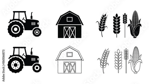 Farm life icons tractor barn wheat and corn illustrations in black and white