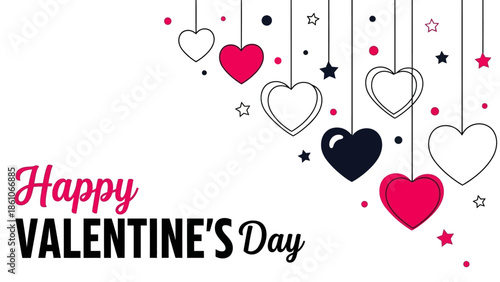 Joyful Valentine's Day celebration graphic with decorative hanging hearts, stars, and elegant typography expressing love and affection on a clean white background, perfect for romantic greetings