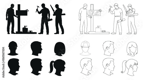 Construction worker illustrations and head silhouettes in black and white