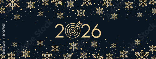 Elegant New Year 2026 background featuring bold golden numerals centered on a deep blue backdrop, adorned with delicate golden snowflakes scattered throughout for a festive, luxurious winter holiday