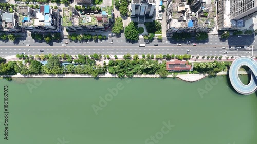 Sanming Urban Riverfront Aerial View with Green Landscape, Fujian China