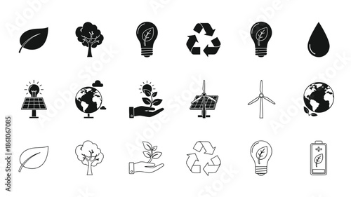 Environmental conservation icons trees lightbulbs recycling and renewable energy sources