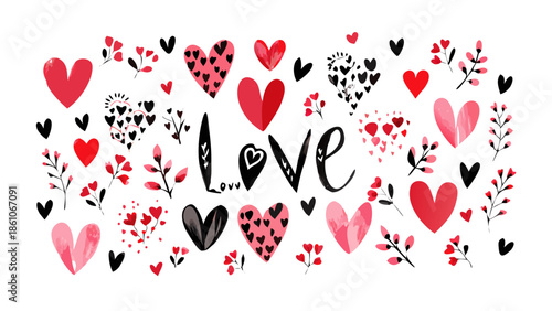 Beautiful hand drawn hearts and flowers arranged around the word love