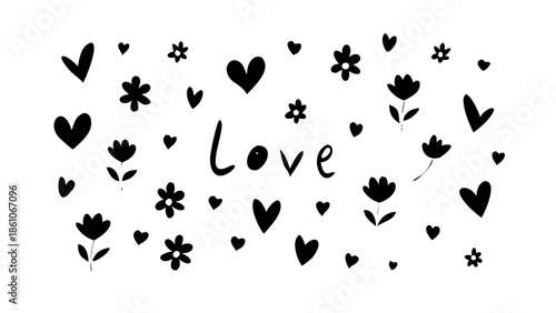 Love surrounded by flowers and hearts on white background