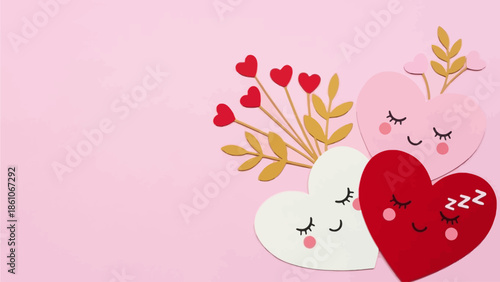Cute sleeping paper hearts illustration with sweet expressions and delicate floral accents on a soft pink background, symbolizing tender love and comfort