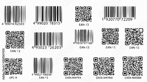Collection of Barcodes and QR Codes for Product Identification.