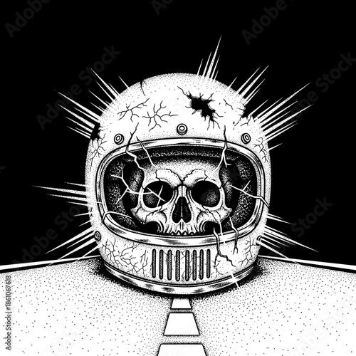 Skull inside a cracked motorcycle helmet with radiating lines.