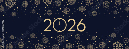 Elegant New Year 2026 background featuring bold golden numerals centered on a deep purple backdrop, adorned with delicate golden snowflakes scattered throughout for a festive, luxurious winter holiday