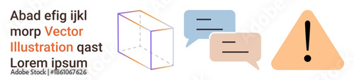Communication, technology, alerts, education, design concepts, warnings. A cube outline, speech bubbles and a triangular warning sign. Communication and technology concepts effectively