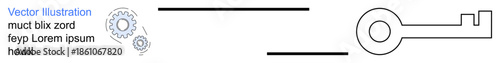 Security systems, data encryption, access control, problem-solving, industrial automation, mechanical design. Gear icon and key shape. Security systems and data encryption concept