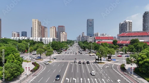 Aerial View of Yingbin Avenue in Putian, Fujian - Urban Traffic and Skyline