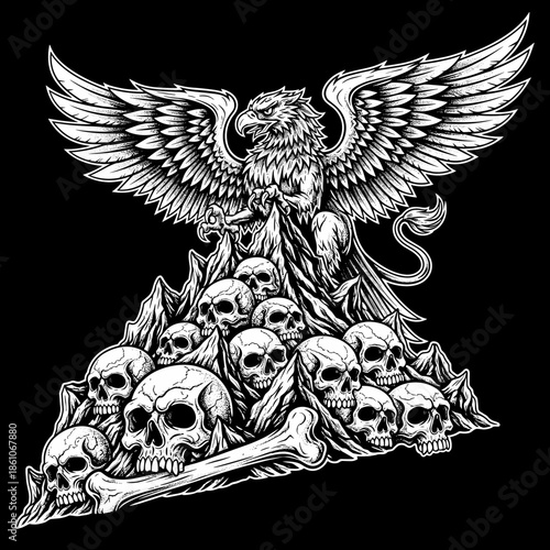 Majestic Griffin Perched Atop Pile of Skulls and Bones.