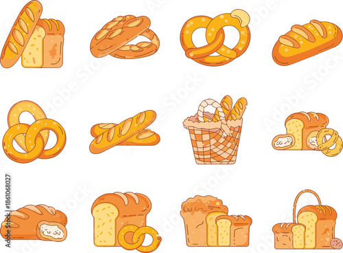 Hand Drawn Vector Illustration Set of Bakery Products Featuring Bread Loaves Baguettes Pretzels and Wicker Baskets Isolated on White Background