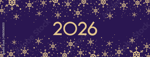 Elegant New Year 2026 background featuring bold golden numerals centered on a deep purple backdrop, adorned with delicate golden snowflakes scattered throughout for a festive, luxurious winter holiday