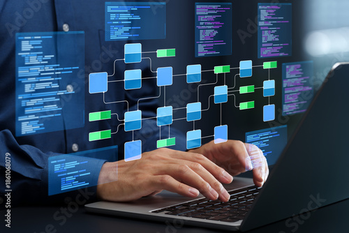 Data infrastructure and data pipeline development. Data integration. Engineer using laptop computer to design data processing system and data warehouse. 