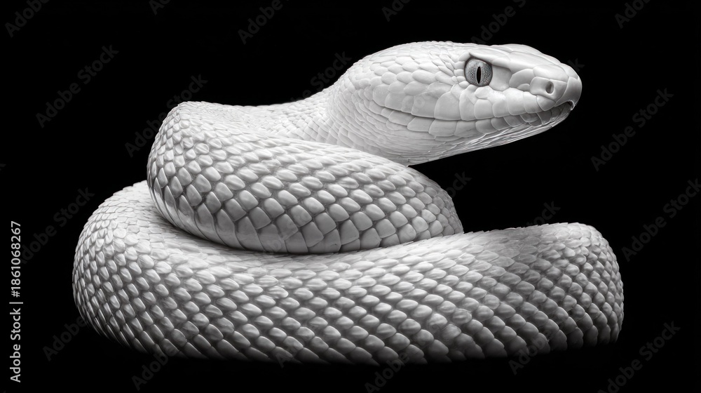 Fototapeta premium Albino rattlesnake coiled, isolated against a stark black background
