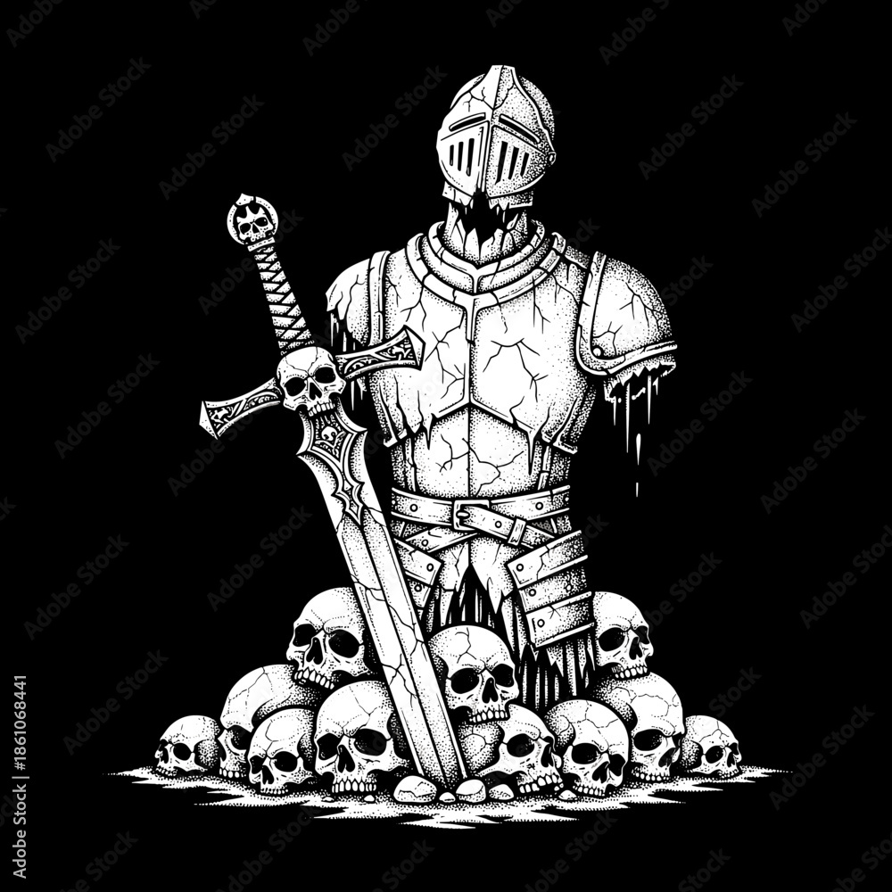 Obraz premium Gothic Knight Armor with Skulls and Sword Illustration.