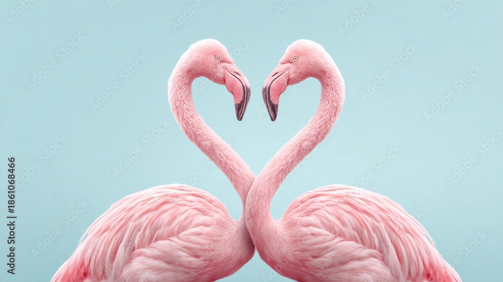 Fototapeta premium Two flamingos form a heart shape with their necks against a light blue background