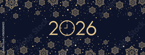 Elegant New Year 2026 background featuring bold golden numerals centered on a deep purple backdrop, adorned with delicate golden snowflakes scattered throughout for a festive, luxurious winter holiday