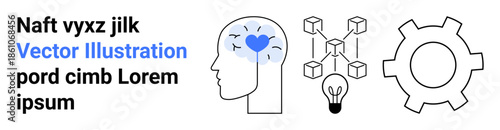 Human head symbolizing emotion, blockchain network, light bulb for ideas, gear for process innovation. Ideal for creativity, technology, emotional intelligence, brainstorming, teamwork