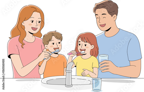 Happy family brushing teeth together in bathroom morning routine dental hygiene parents teaching kids healthy habits oral care cartoon illustration