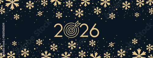 Elegant New Year 2026 background featuring bold golden numerals centered on a deep blue backdrop, adorned with delicate golden snowflakes scattered throughout for a festive, luxurious winter holiday