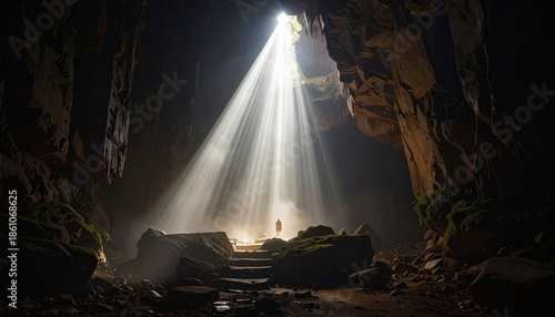 A beam of light pierces a dark stone chamber through a circular opening, illuminating dust and rocky textures—evoking mystery, sacred stillness, and dramatic contrast in a cavernous visual ritual.