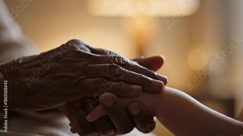 Tender Intergenerational Connection: Wrinkled Senior Hands Gently Caressing a Newborn Baby's Delicate Leg, Symbolizing Love, Care, and the Cycle of Life