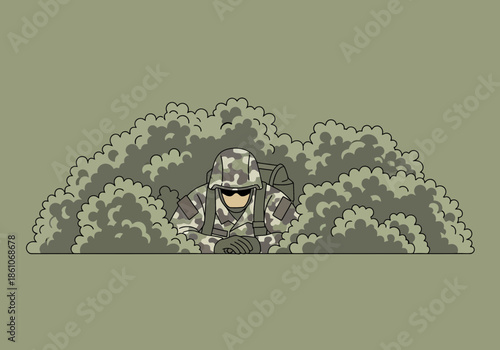 Soldier in camouflage hiding in dense foliage.