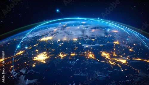 Earth’s curvature glows with city lights and blue arcs of data, symbolizing global connectivity, satellite networks, and the digital pulse of a planet linked through technology.