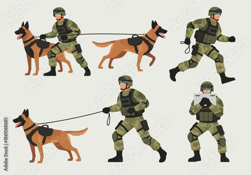 Soldiers with dogs in tactical gear, some running, some holding leashes.
