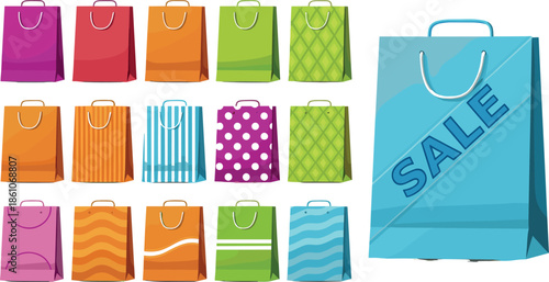 Colorful shopping bags collection vector illustration featuring sale concept, retail packaging, gift bags, modern flat design for e-commerce and marketing use