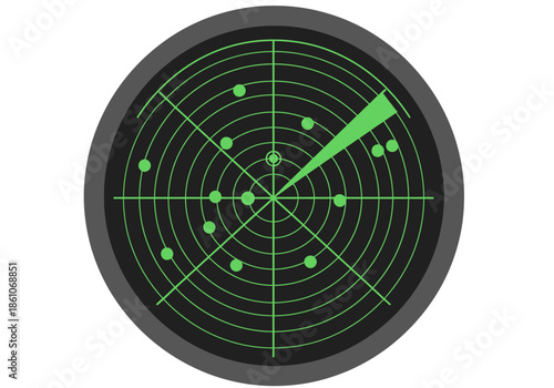 Radar screen displays multiple green targets and a sweeping beam.