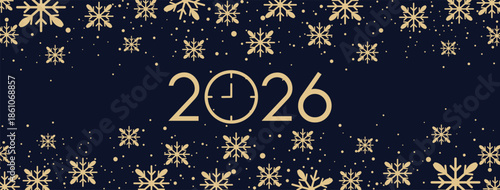Elegant New Year 2026 background featuring bold golden numerals centered on a deep blue backdrop, adorned with delicate golden snowflakes scattered throughout for a festive, luxurious winter holiday