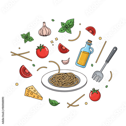 A digital illustration of a plate of spaghetti surrounded by ingredients like tomatoes, garlic, basil, cheese, and olive oil. Perfect for food blogs, recipe websites, and culinary magazines.