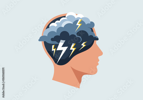 Head silhouette with storm clouds and lightning inside the brain.