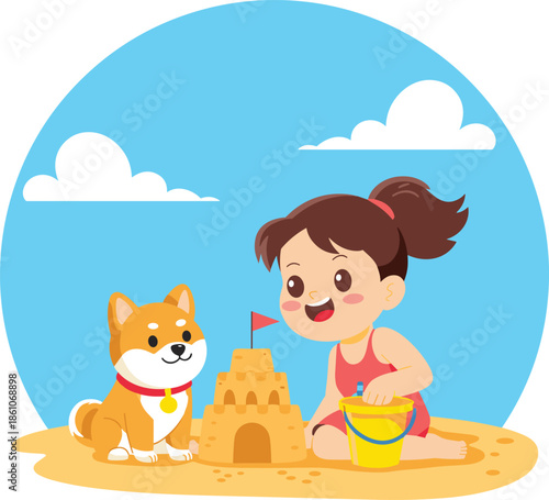 Happy Little Girl Building a Sandcastle on the Beach with her Cute Shiba Inu Dog Friend During Summer Vacation Outdoors