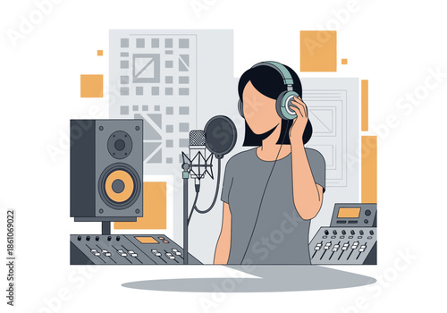 Woman in headphones at microphone with audio equipment.