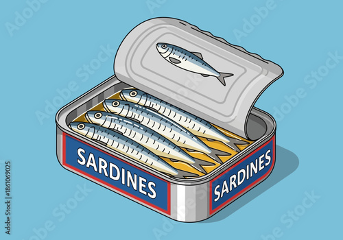 Open tin can filled with sardines and oil.