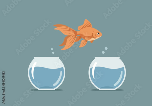 Goldfish leaps from one fishbowl to another.