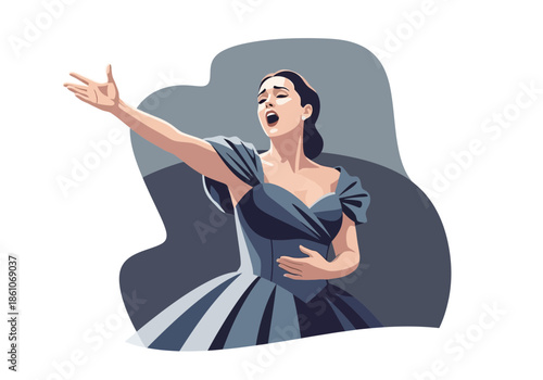 Woman in elegant dress singing with arms outstretched.
