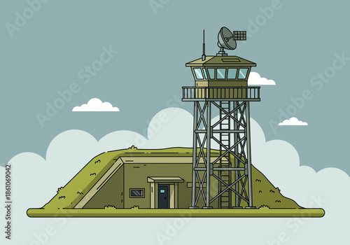 Military bunker with observation tower and antenna.